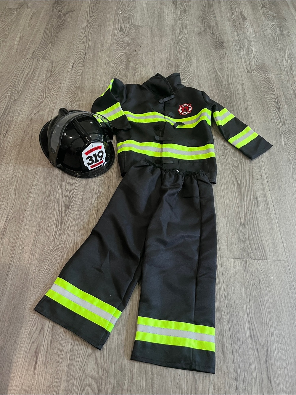 Kids Black & Neon Yellow Firefighter Costume with Helmet size 3/4